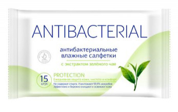 Салфетка влажная (15 шт) антибакт., с зелёным чаем. 5529255